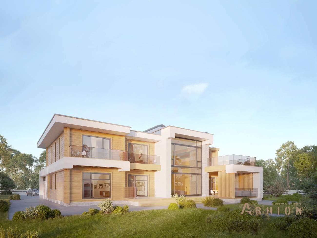 2. Проект двухэтажного дома в стиле хай-тек с плоской кровлей , rh-582, площадью - 582 кв c сауной, терассой, балконом, гаражом, вторым светом